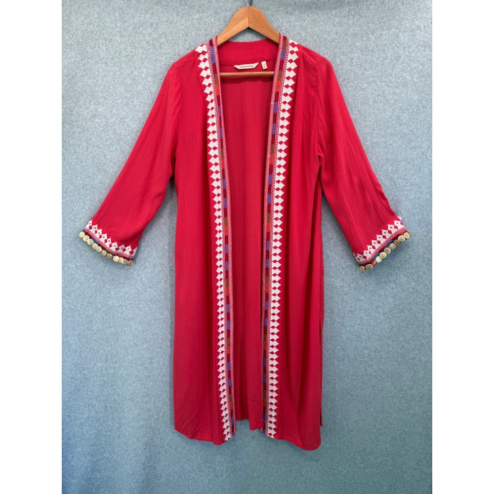 Soft Surroundings Hacienda Gauzy Kimono Cover Coin Trim Womens S Red Embroidered